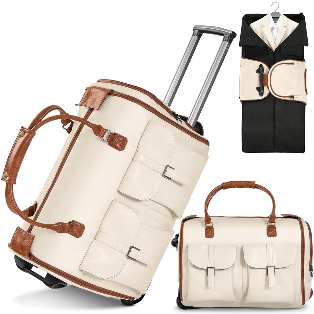 Cream and Brown Rolling Duffel Bag Interior Garment Bag